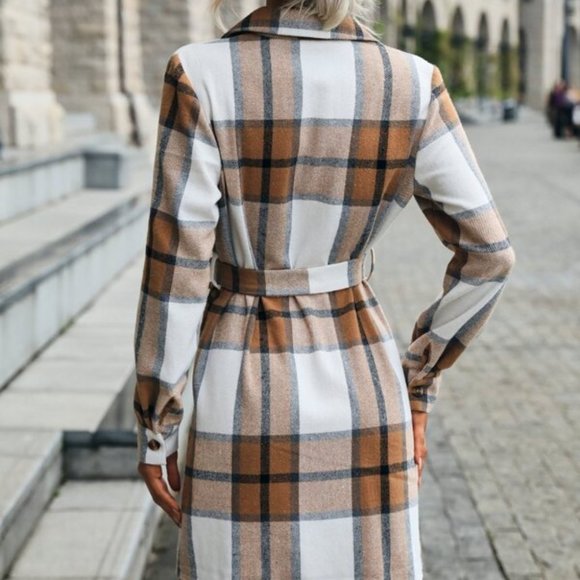 Modern casual Plaid Single Breasted Belted Shirt D - Picture 5 of 6